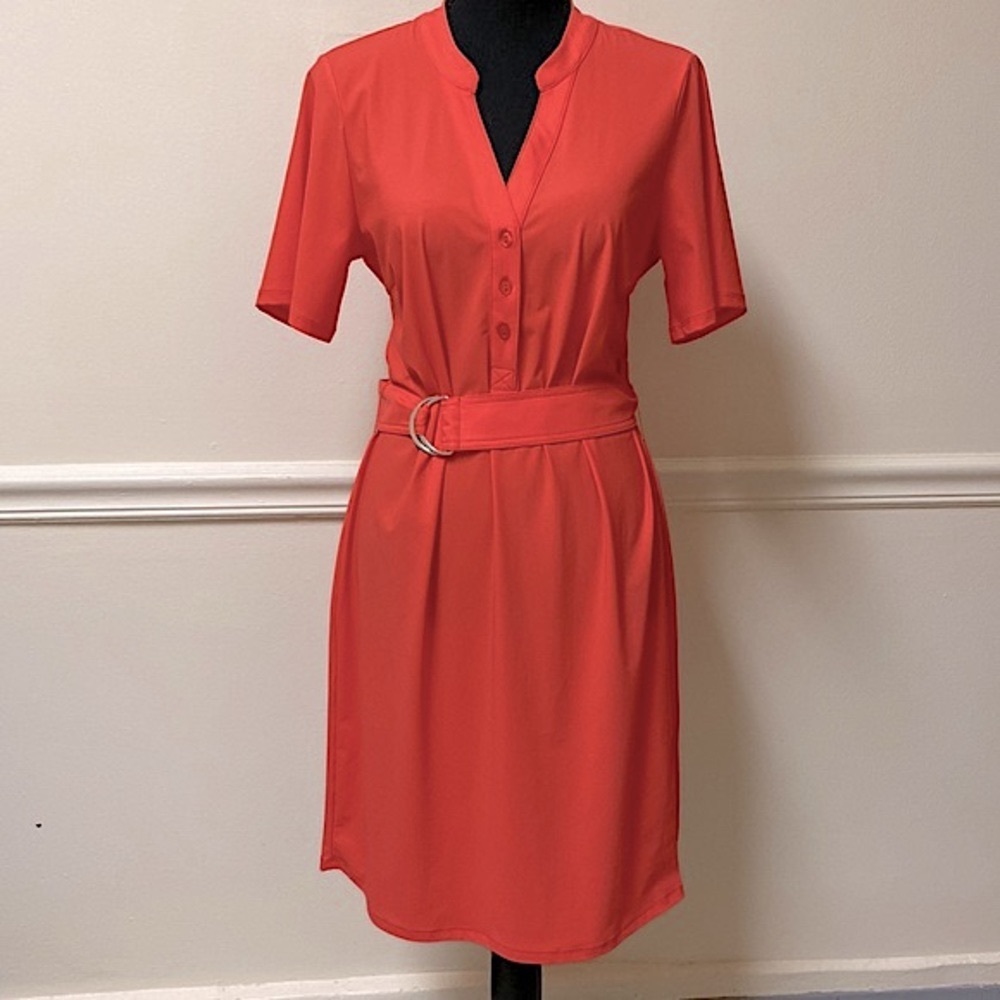 NWT Gorgeous Coral Button Up Satin Shirt Dress With Belt